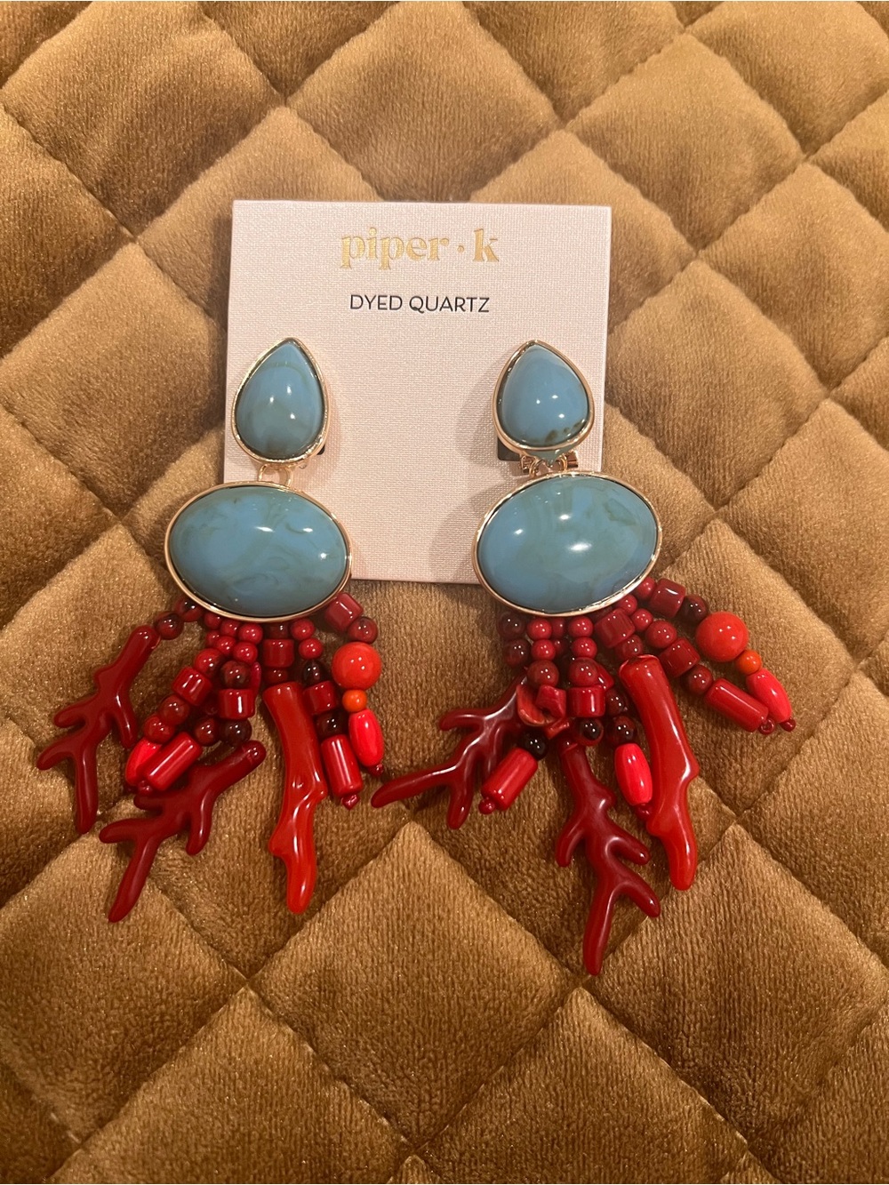 Piper K- Blue Teardrop & Red Coral Fringe Statement Earrings